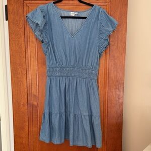 GAP Light Blue Denim V-Neck Tiered Mini Dress